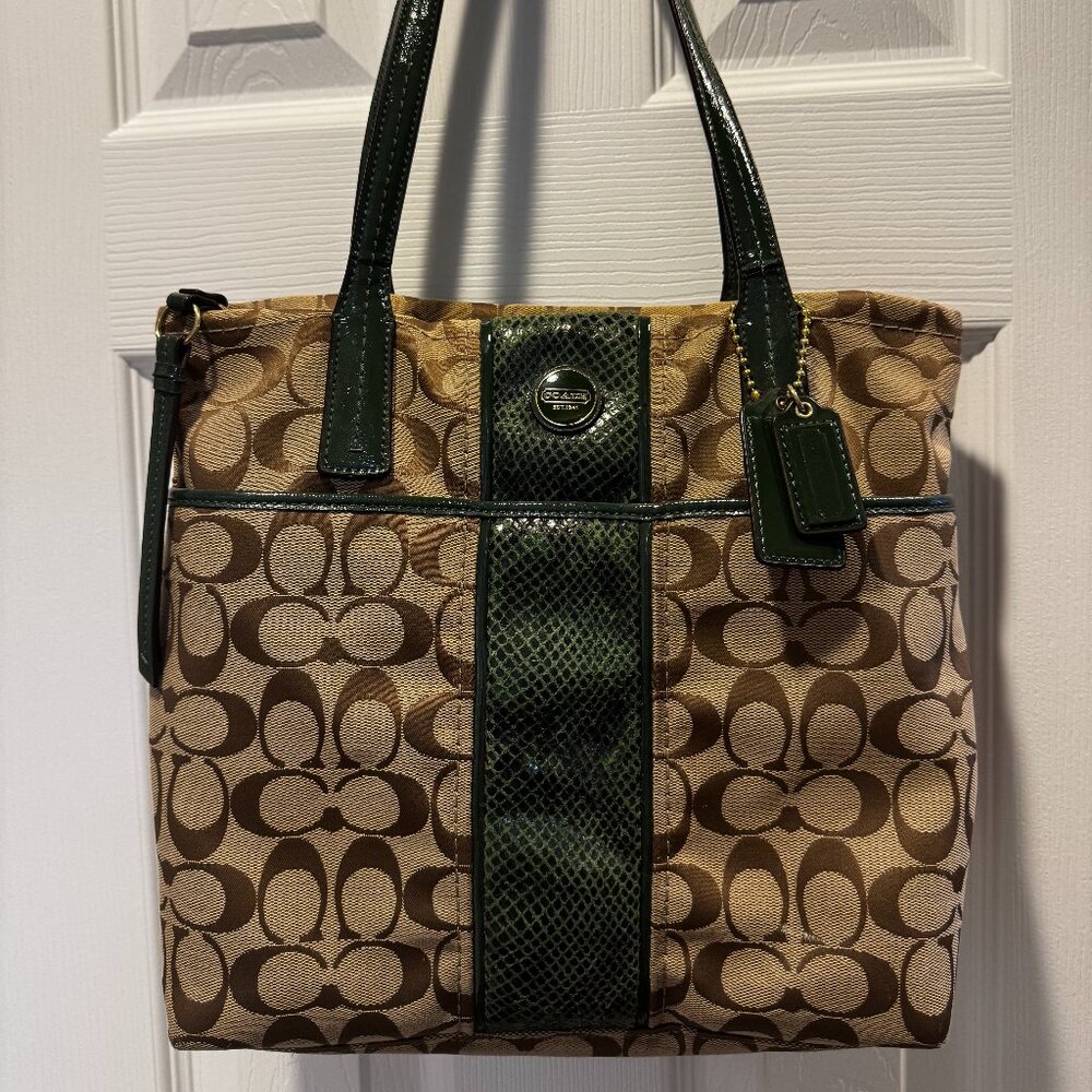 Coach Green Python Stripe and Tan Logo Medium Tote